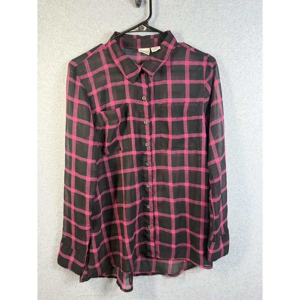 Mudd Shirt Womens Medium Black Pink Plaid Chiffon Button Up Long Sleeve Top